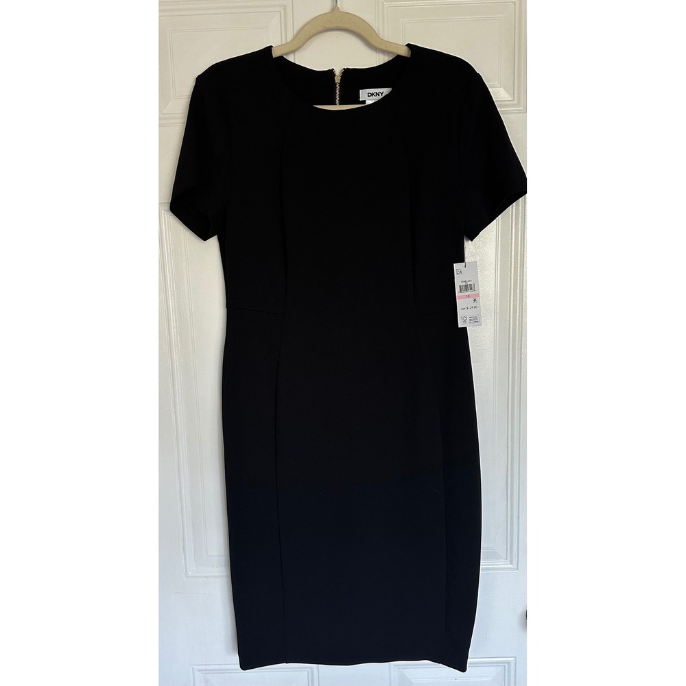 DKNY Womens Black Short Sleeve Sheath Dress Gold Back Zip Size 10 NEW